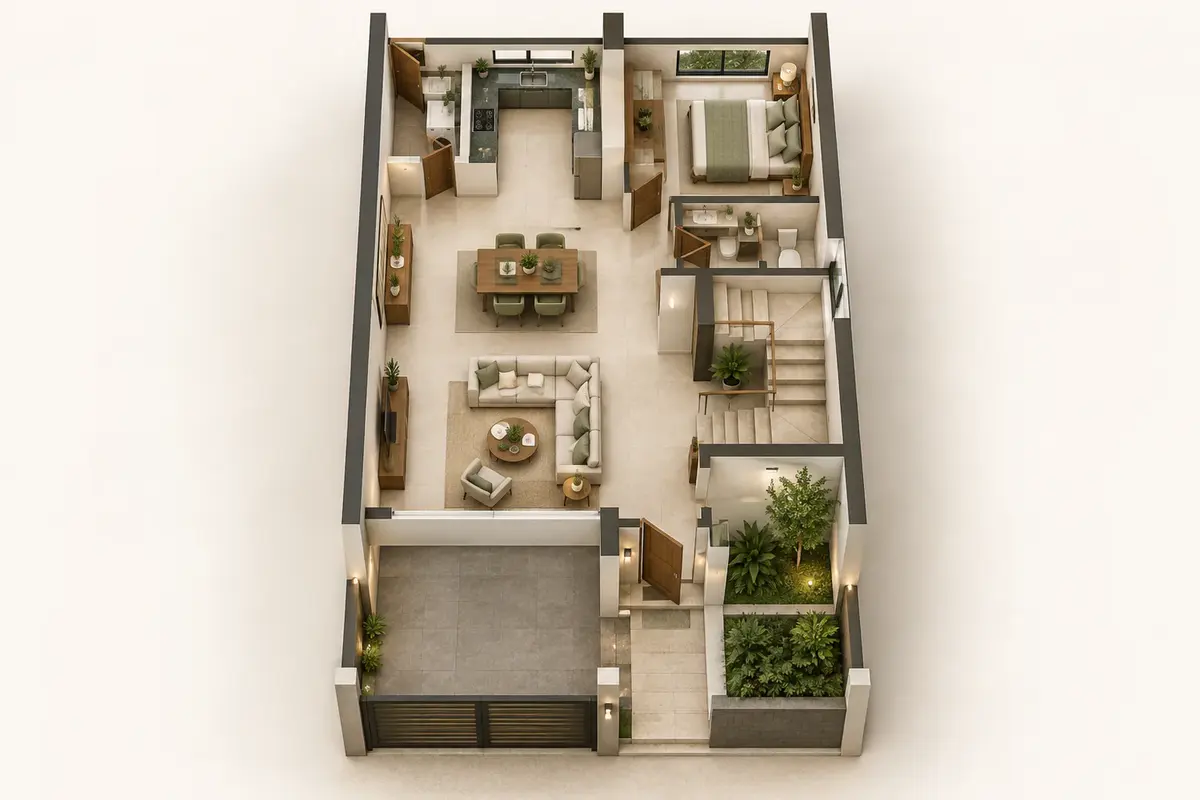 Isometric concept floor plan of a villa's ground floor