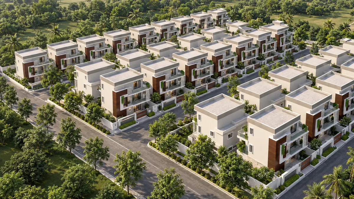 Aerial concept render of a gated villa community layout
