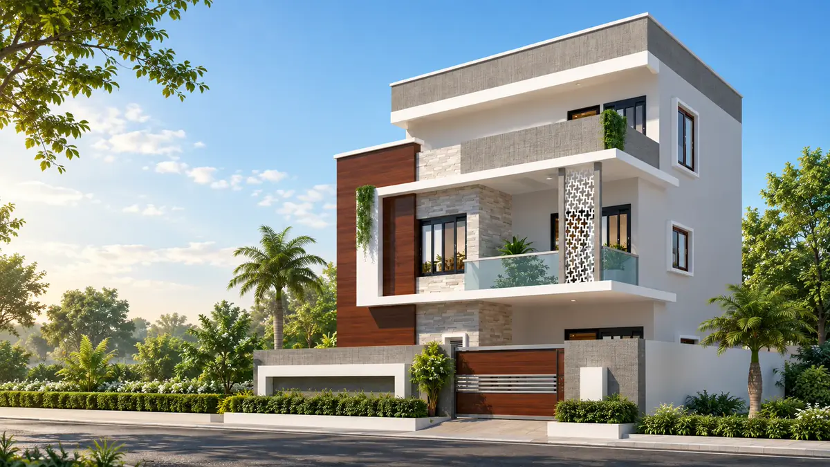 Compact villa exterior concept render, daytime