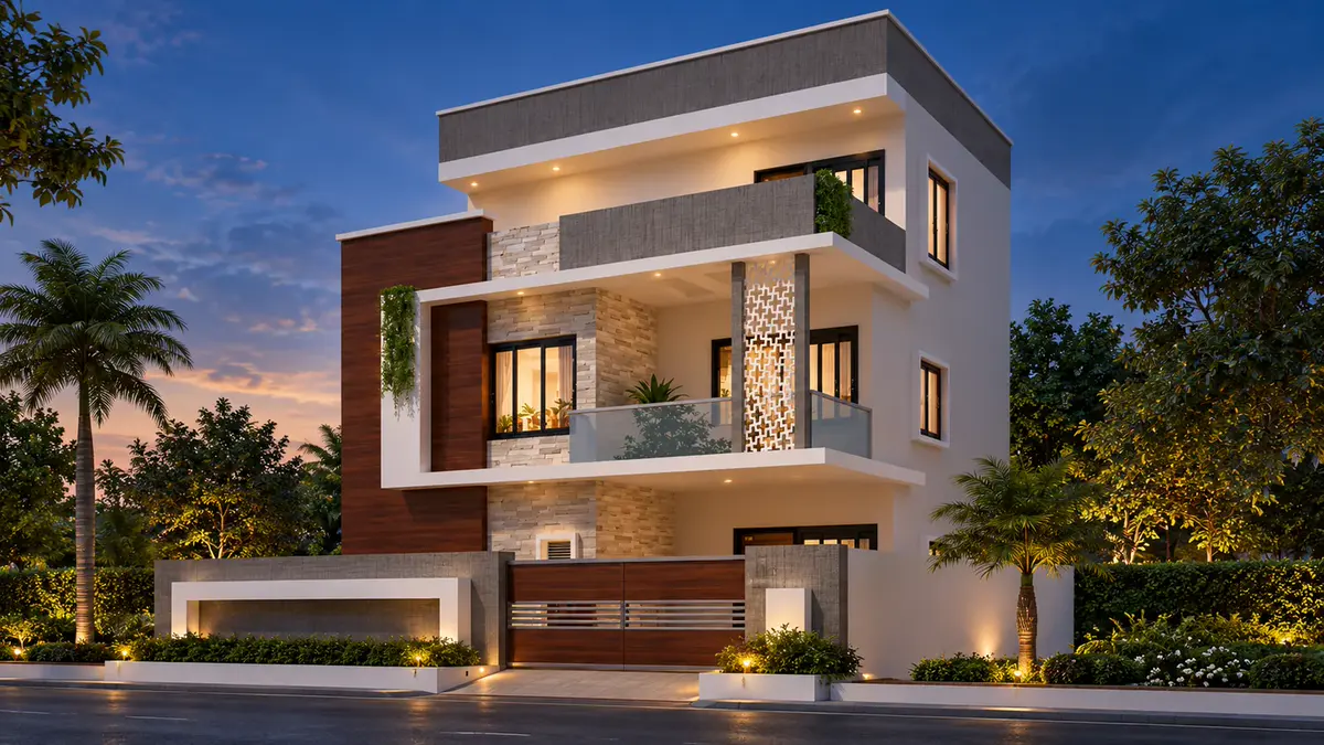 Concept render of a modern villa exterior, lit at dusk