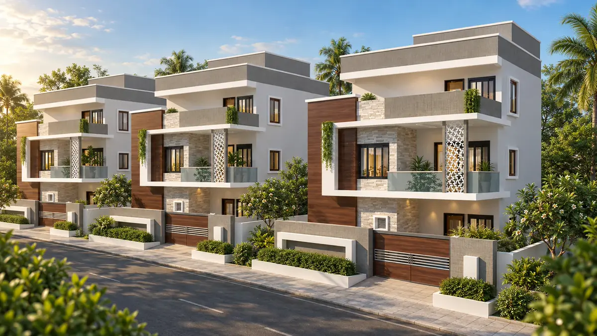 Concept render of a tree-lined street between villas